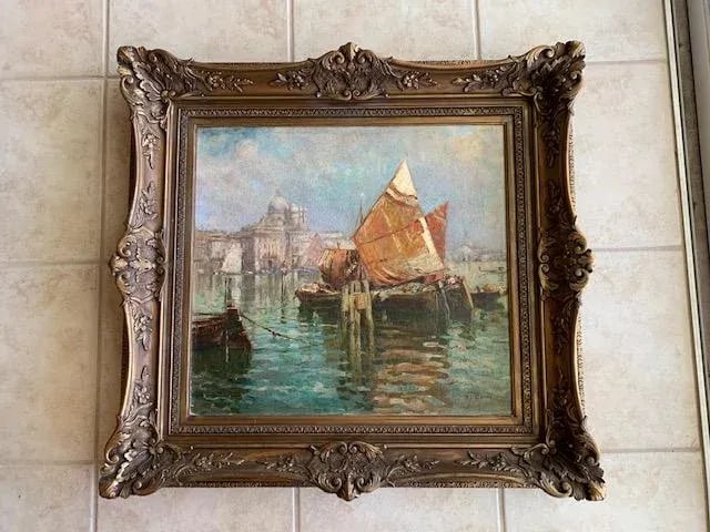 Early 20th Century "Saint Marks, Italy" Maritime Harbor Scene Oil Painting, Framed - 5