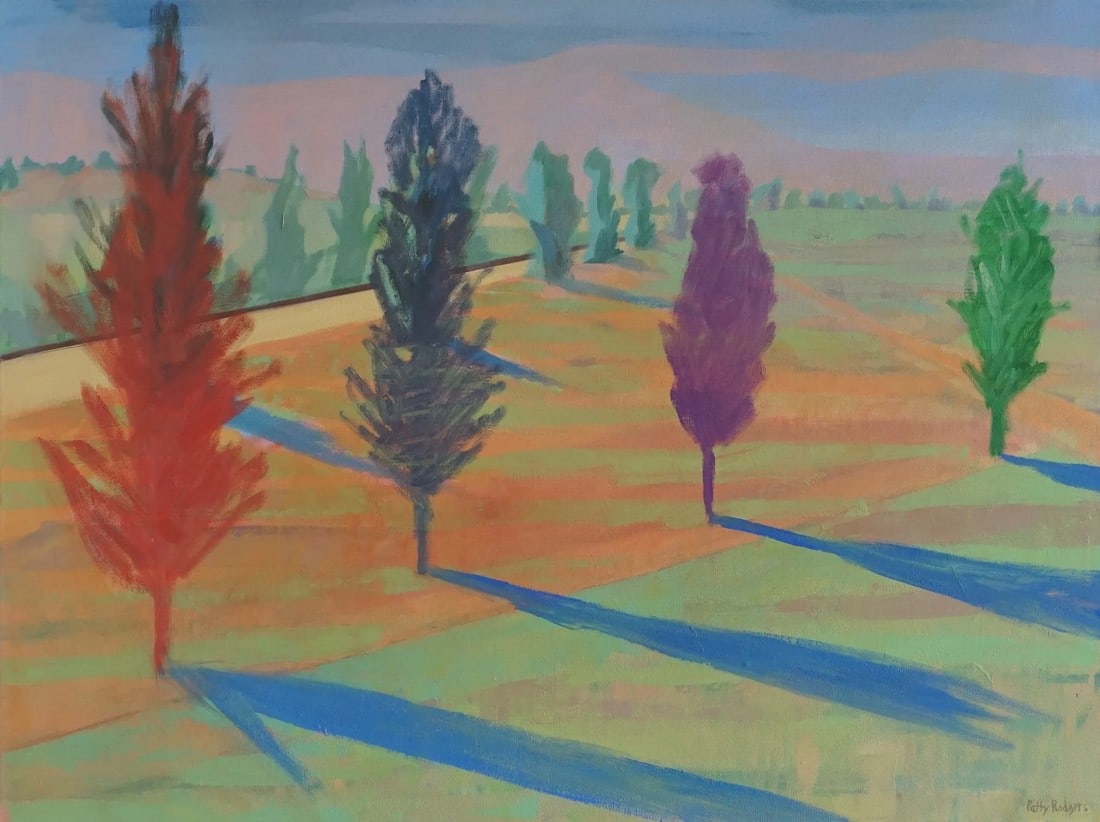 "Prairie Stripes With Trees" Patty Rodgers Contemporary Landscape Oil Painting: This landscape is filled with morning light. Railroad tracks in the background run off in the distance. A row of trees in the foreground casts long shadows. The different prairie grasses create colore