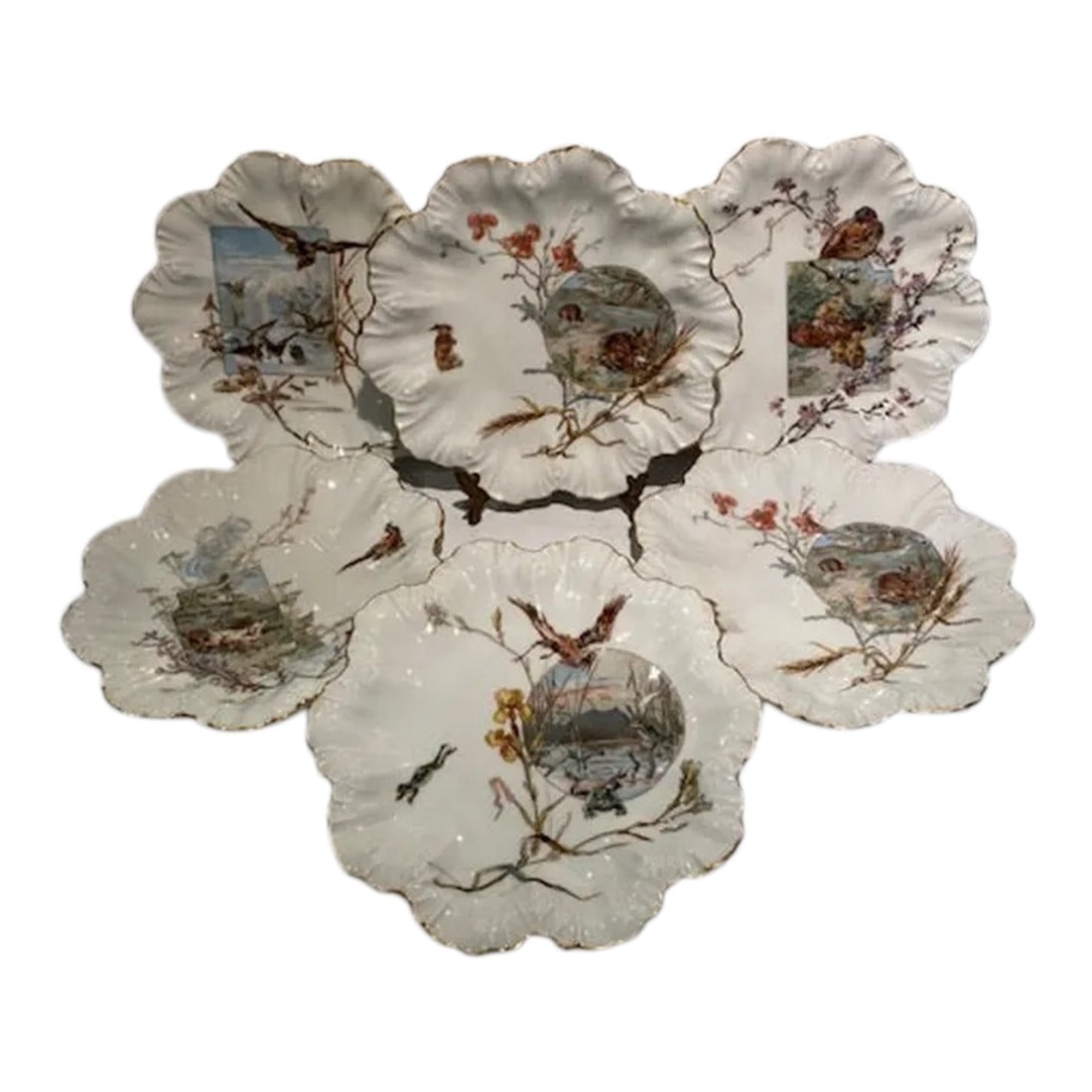 Antique Limoges Porcelain Scalloped Aesthetic Plates- Set of 6: Spring is in the Air! These are some of the most Charming designs from the Aesthetic Movement. They are Limoge - A. Lanternier plates with the green mark and impression dating them to the 1890s. 4 of