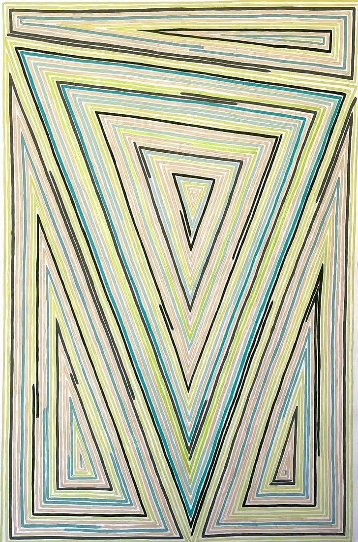 Abstract Geometric Painting With Parallel Lines and Upside-Down Triangle by Sarah Vaaler: This original painting by Sarah Vaaler consists of a series of parallel lines forming simple triangular shapes in alternating tones of turquoise, beige, yellow-green, charcoal and dark green. Material