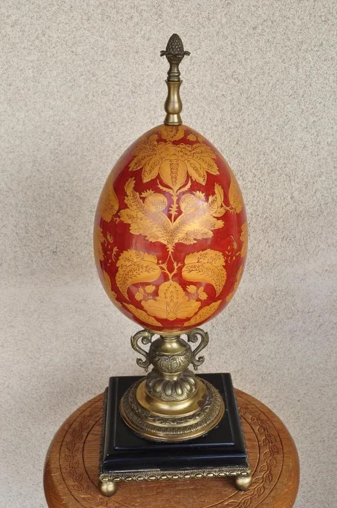 Vintage Hand-Painted Porcelain Egg Sculpture Centerpiece on Brass and Marble Stand - 2