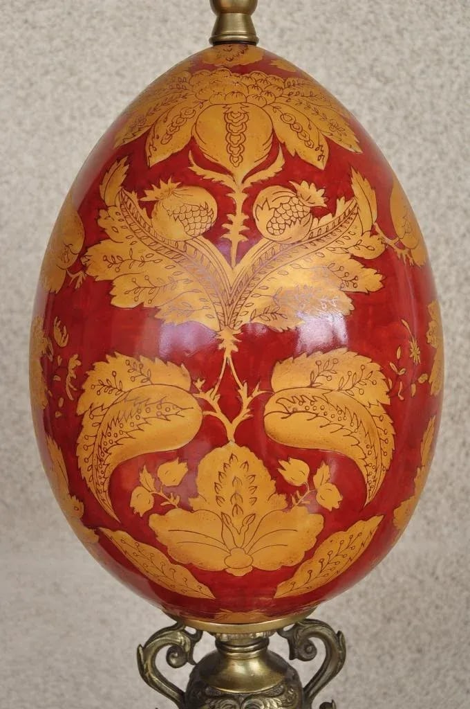 Vintage Hand-Painted Porcelain Egg Sculpture Centerpiece on Brass and Marble Stand - 4