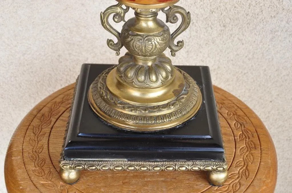 Vintage Hand-Painted Porcelain Egg Sculpture Centerpiece on Brass and Marble Stand - 5