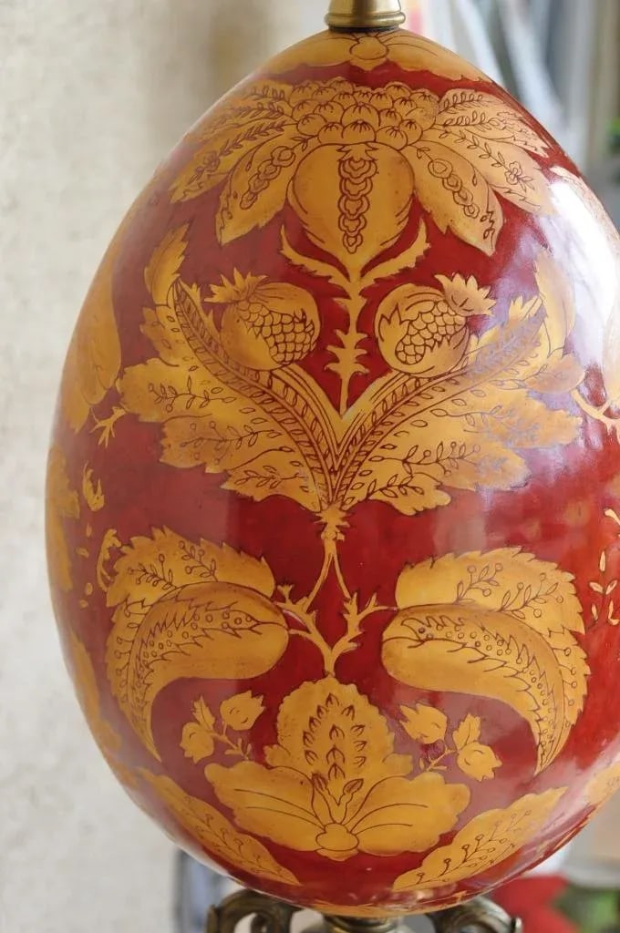 Vintage Hand-Painted Porcelain Egg Sculpture Centerpiece on Brass and Marble Stand - 6