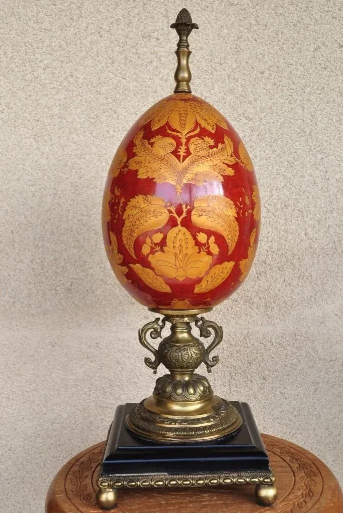 Vintage Hand-Painted Porcelain Egg Sculpture Centerpiece on Brass and Marble Stand - 9