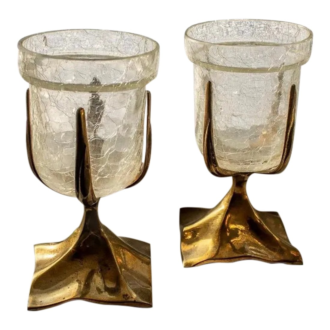 Vintage Brass and "Crack Glass" Votives- Set of 2 (1 of 3)