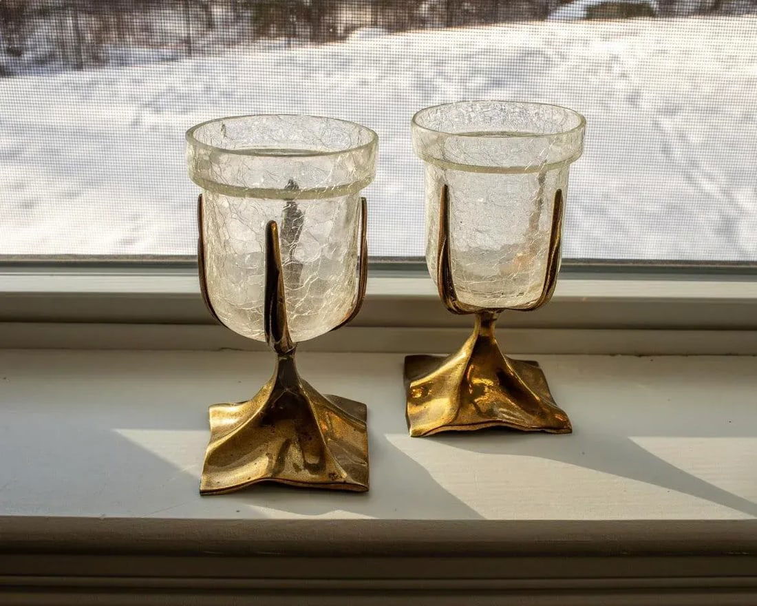 Vintage Brass and "Crack Glass" Votives- Set of 2 - 3
