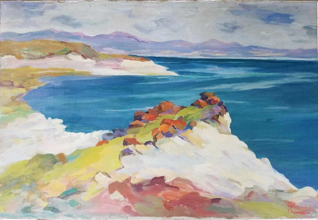 Vintage California Abstract Seascape Painting: This signed original painting is done in acrylic on board-mounted canvas. The colors are vibrant shades of blue, purple, yellow, green, and pink. Condition: Alterations: Original Condition Unaltered I