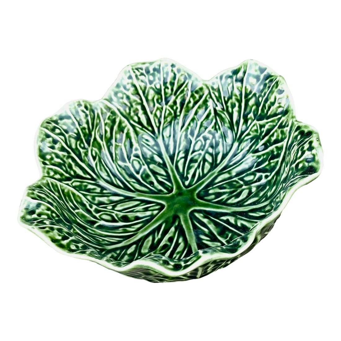 Vintage Portuguese Cabbage Majolica Bowl: Vintage Majolica Cabbage Serving bowl hand painted makers mark reads " Subtil P401" . Bowl is a lovely dark green shade with no white lines in the cabbage leaf form. Condition: Alterations: Orig