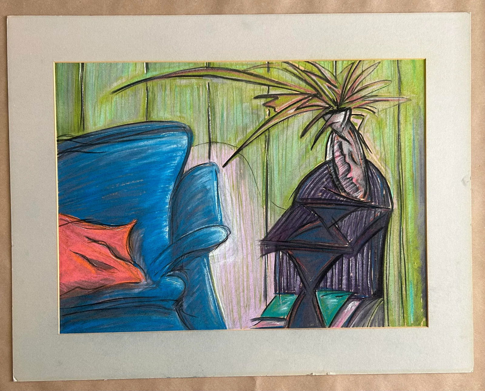 Modern Pastel Drawing of Interior Scene in Primary Colors, 1980s - 2