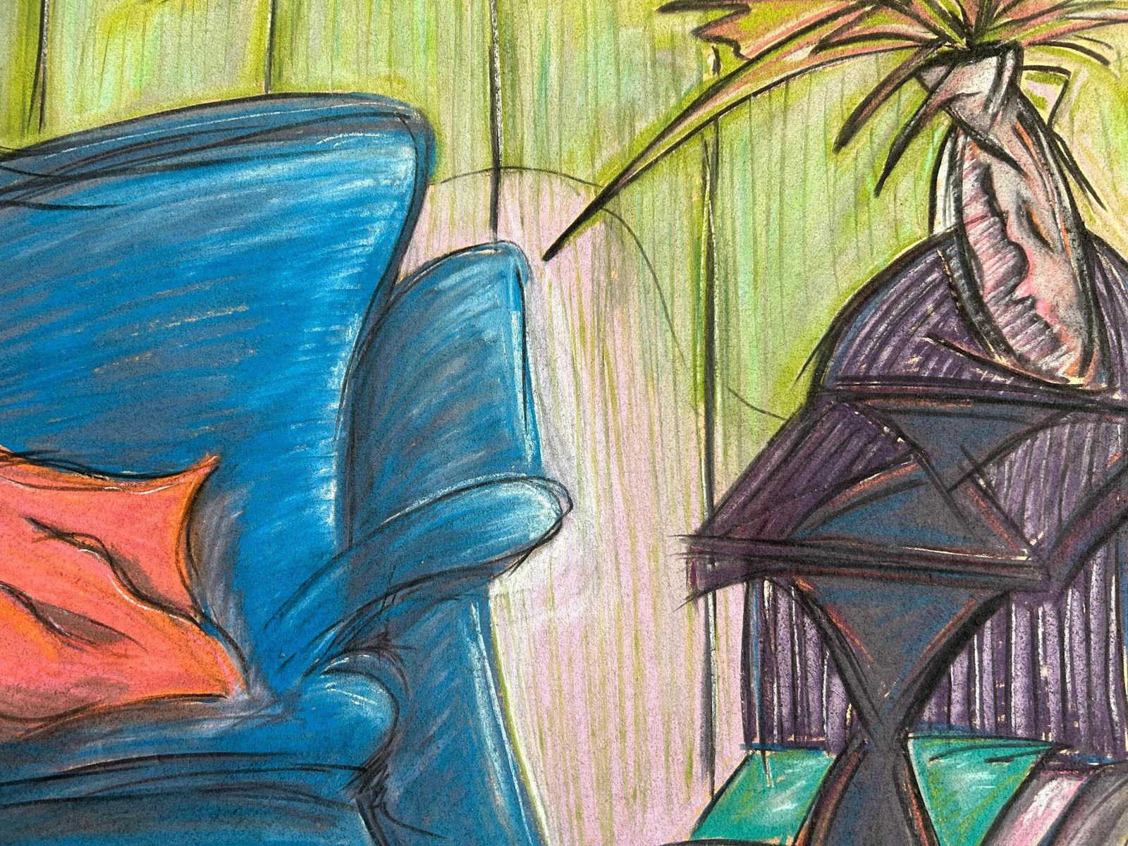 Modern Pastel Drawing of Interior Scene in Primary Colors, 1980s - 3