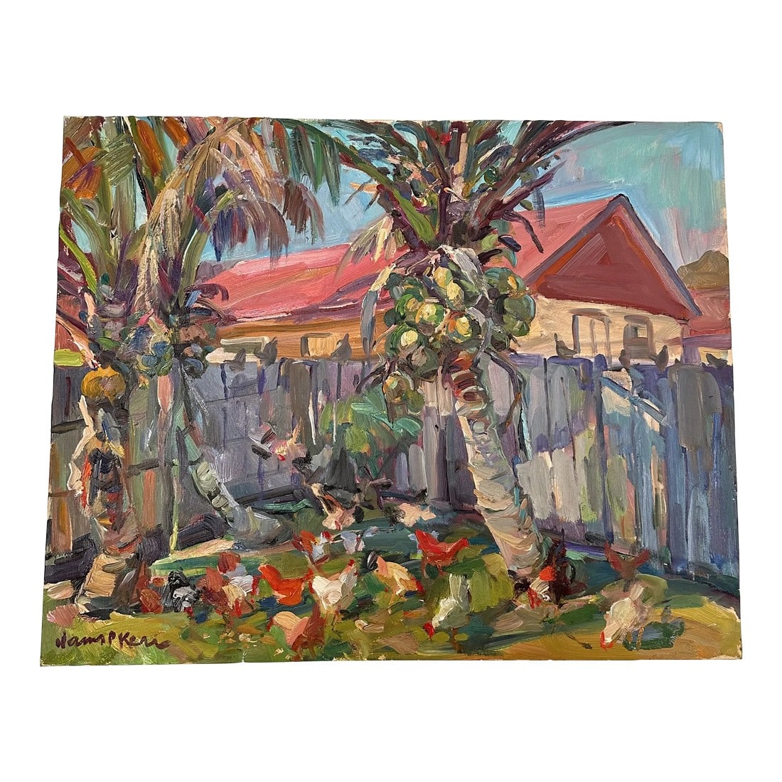 "Backyard Coconuts" Impressionist Landscape Oil Painting by James P. Kerr: 24x30. Oil on canvas by Florida artist James P. Kerr. Signed lower left of painting, signed and inscribed on the back Condition: Alterations: Original Condition Unaltered Imperfections: Some Imperfect