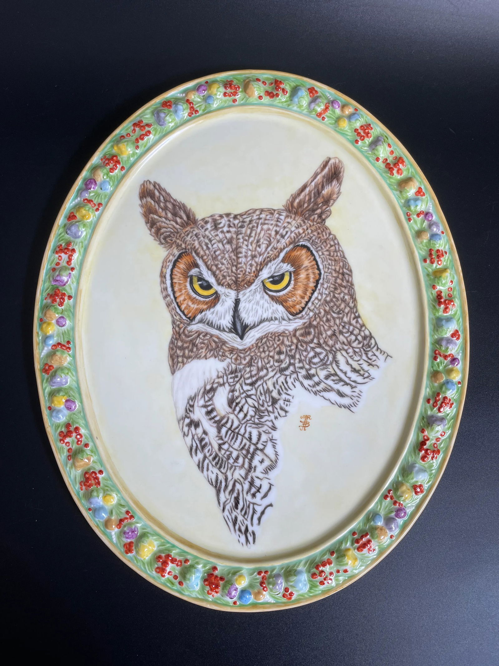 Large Hand Painted Great Horned Owl Portrait Oval Porcelain Wall Plaque - 12