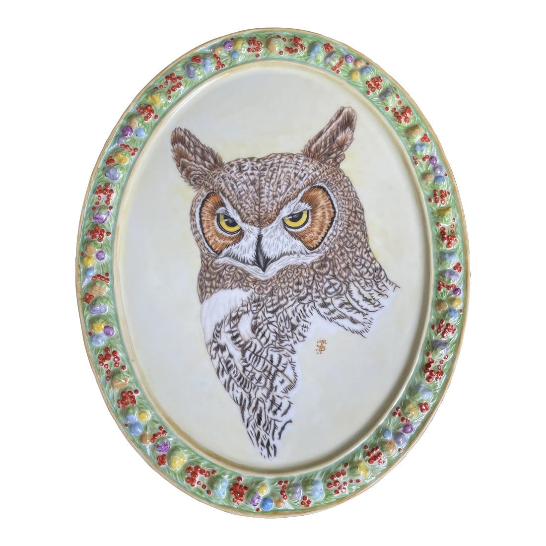 Large Hand Painted Great Horned Owl Portrait Oval Porcelain Wall Plaque: Large oval porcelain plaque featuring a portrait of a Great Horned Owl, accented with an embossed floral border. Hand painted by the artist using the traditional porcelain techniques with fine details