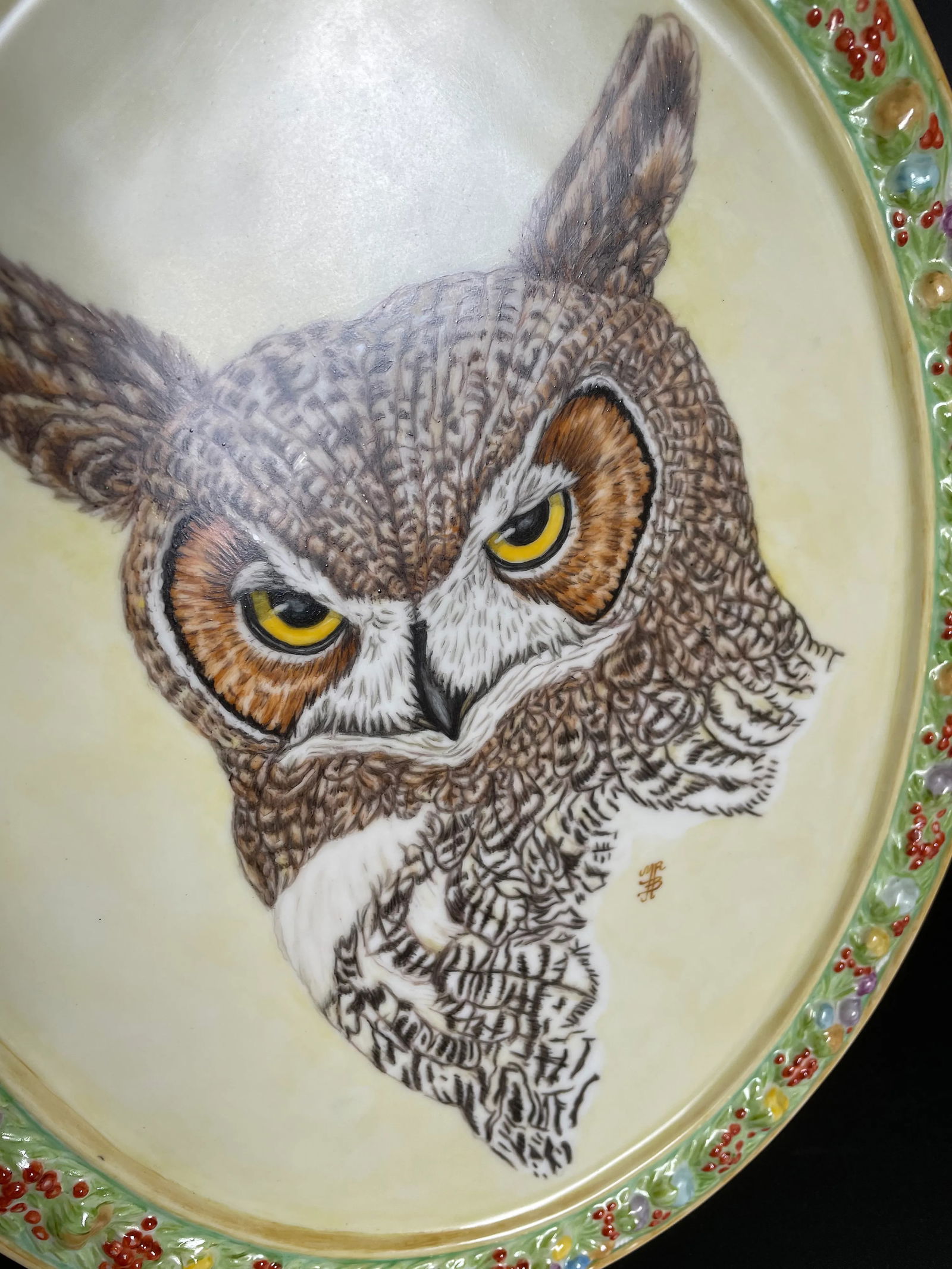 Large Hand Painted Great Horned Owl Portrait Oval Porcelain Wall Plaque - 3