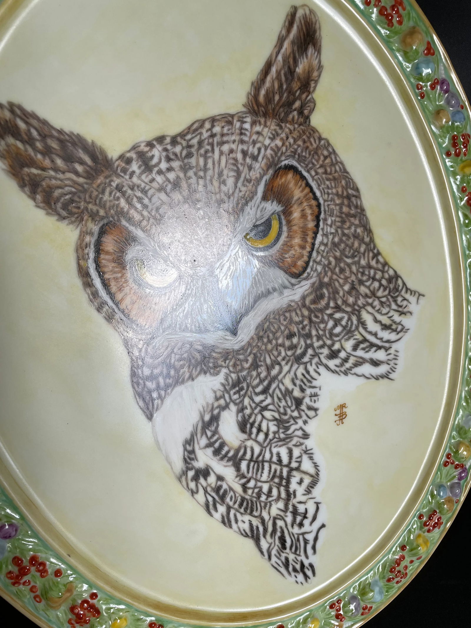 Large Hand Painted Great Horned Owl Portrait Oval Porcelain Wall Plaque - 4