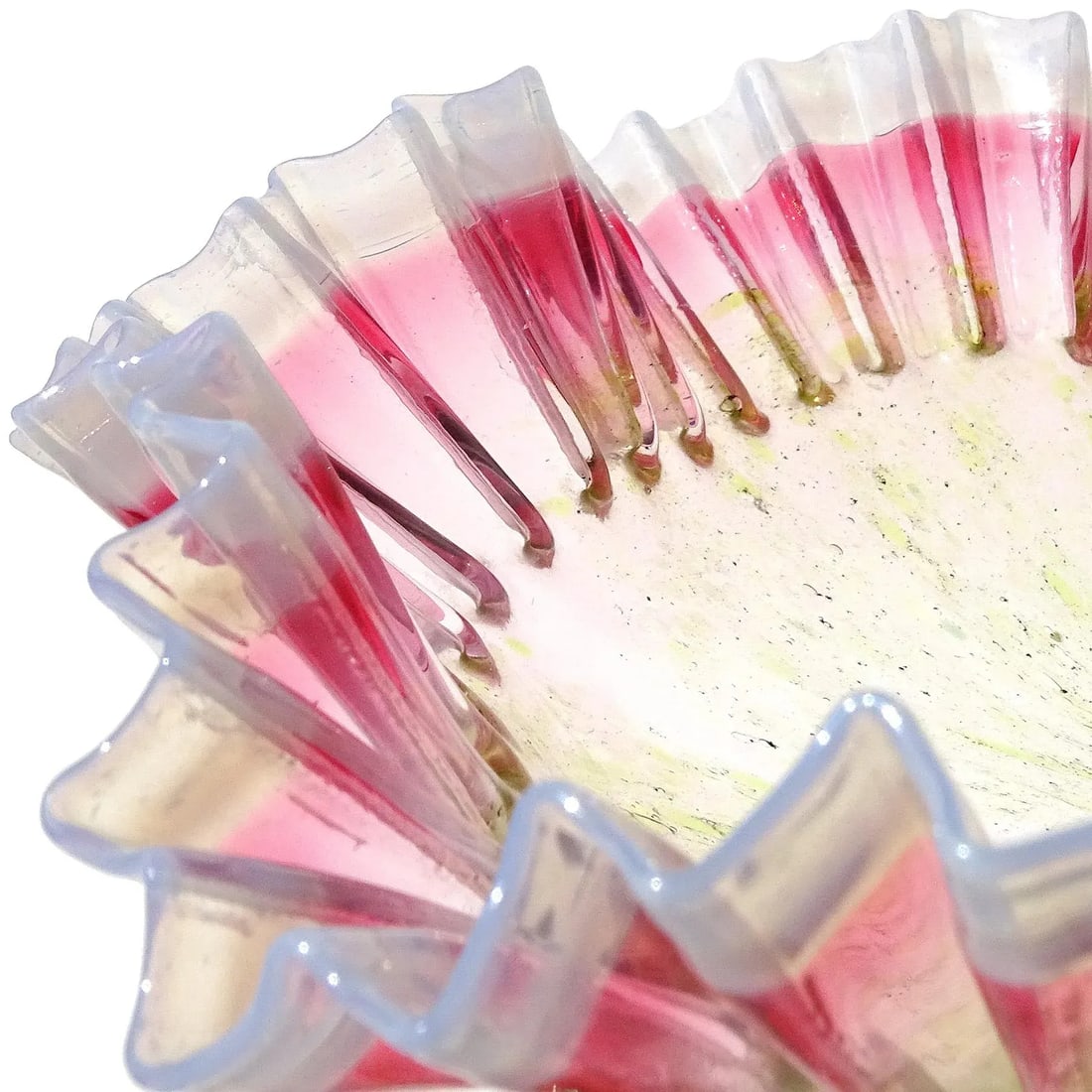 Antique Victorian Era Green Pink White Opalescent Crimped Rim Footed Flower Compote Bowl Vase - 3