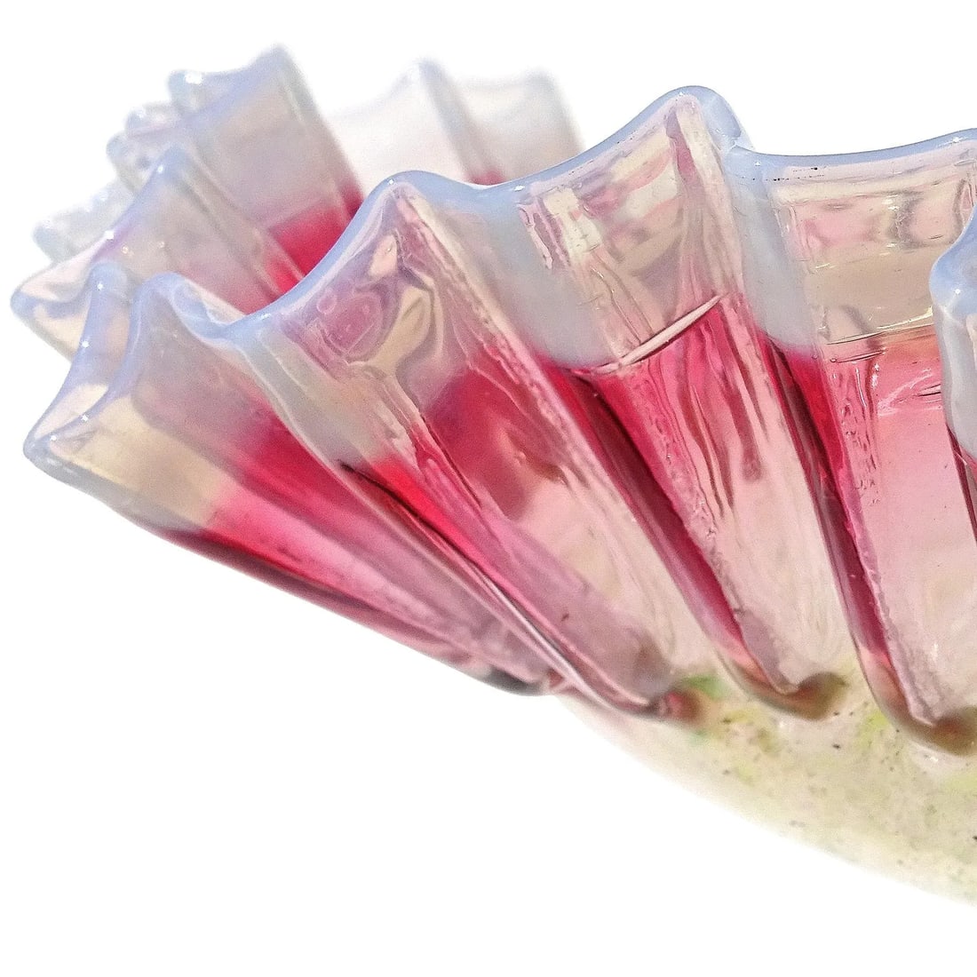 Antique Victorian Era Green Pink White Opalescent Crimped Rim Footed Flower Compote Bowl Vase - 4