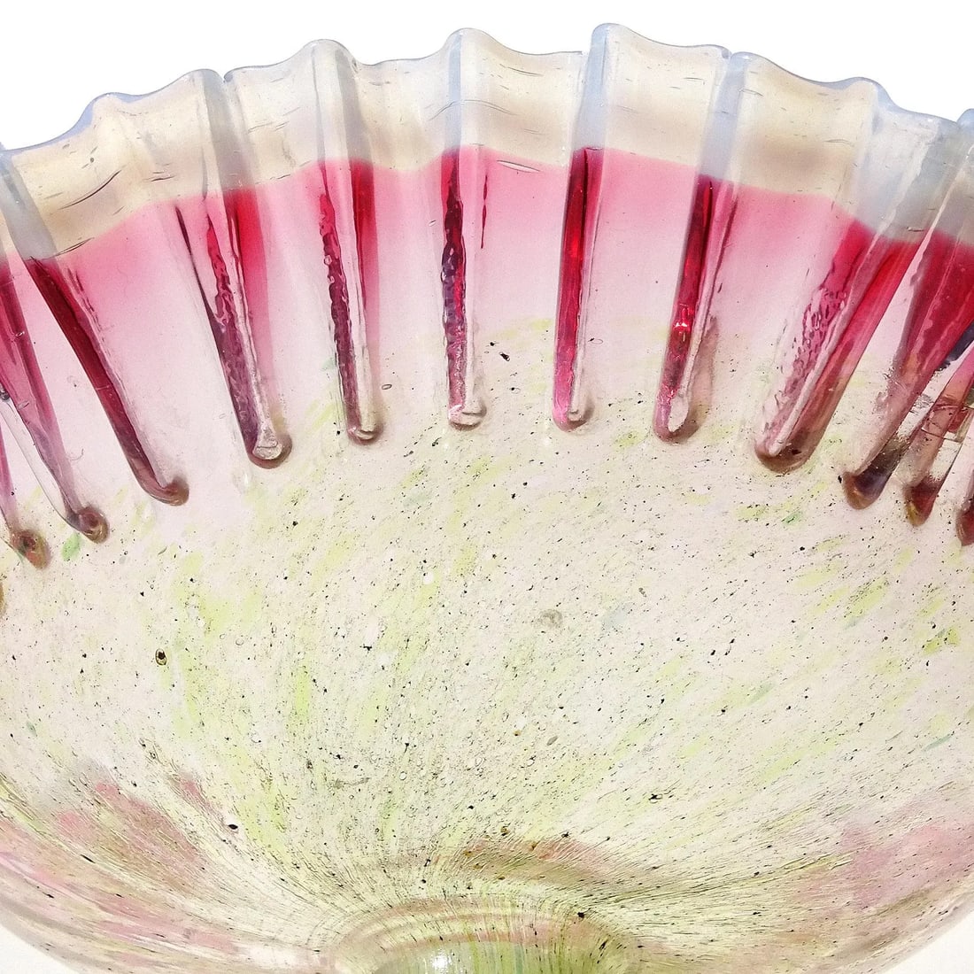 Antique Victorian Era Green Pink White Opalescent Crimped Rim Footed Flower Compote Bowl Vase - 5