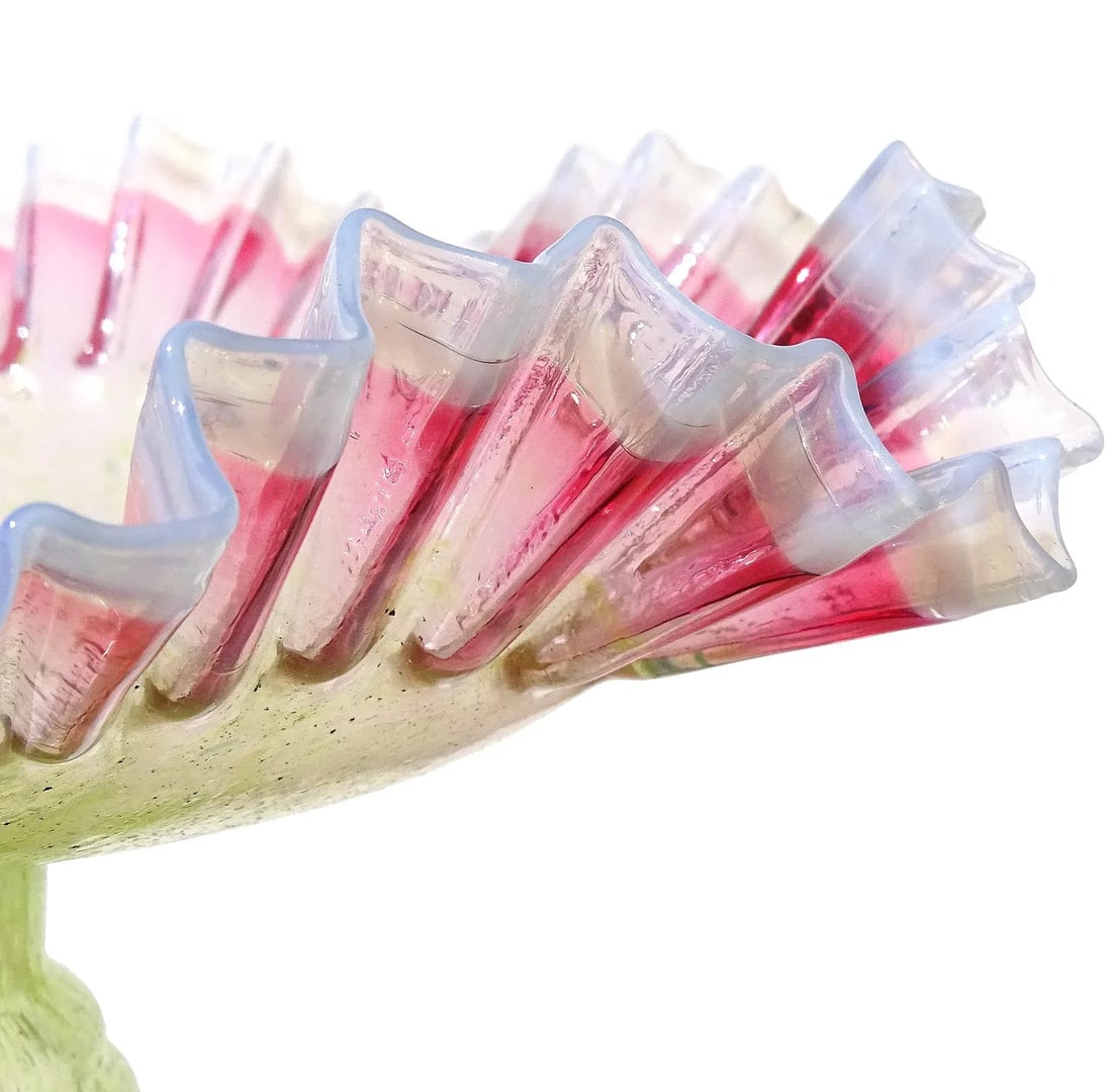 Antique Victorian Era Green Pink White Opalescent Crimped Rim Footed Flower Compote Bowl Vase - 6