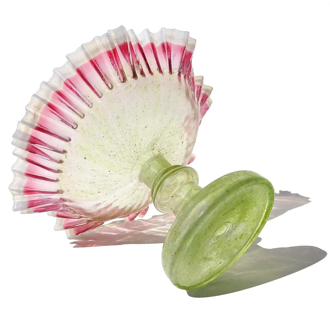 Antique Victorian Era Green Pink White Opalescent Crimped Rim Footed Flower Compote Bowl Vase - 7