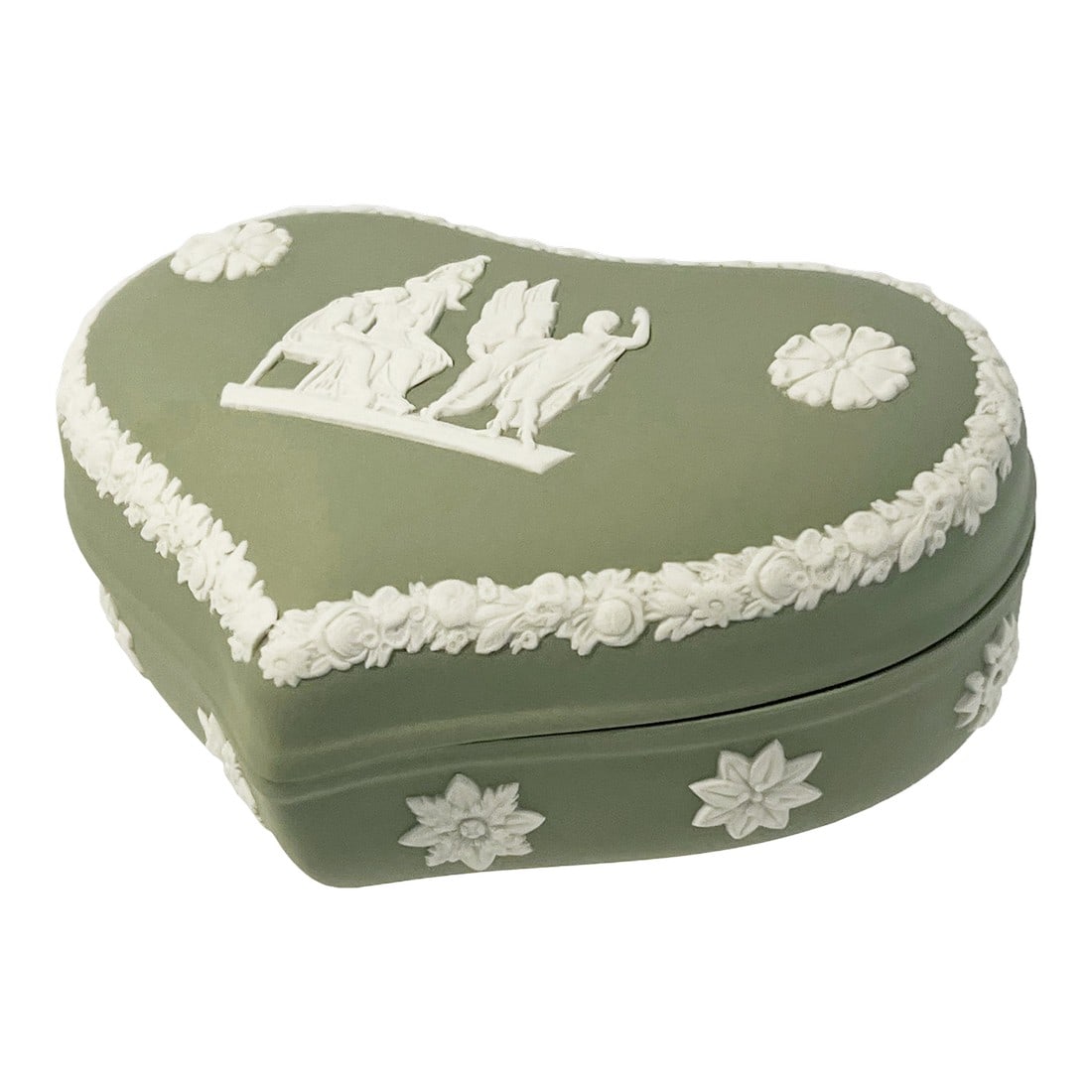 Wedgwood Vintage 1967 Jasperware Sage Green and Cream White Heart Shaped Trinket Box: Beautiful Vintage 1967 Wedgwood Jasperware Sage Green and Cream heart shaped trinket/jewelry box with lid. This box is created in the iconic neo-classical style that Jasperware is known for, primarily