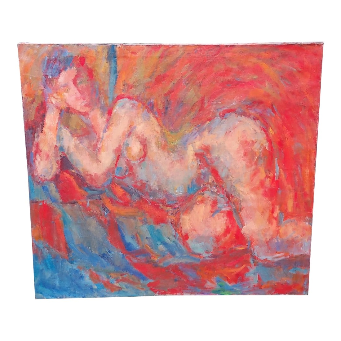 Mid 20th Century Expressionist Reclining Nude Oil Painting on Canvas: Abstract reclining nude. Beautiful turquoise and pink. 40" x 36" Condition: Alterations: Original Design Modified Imperfections: Some Imperfections Condition Notes: Small repair See back of painting D