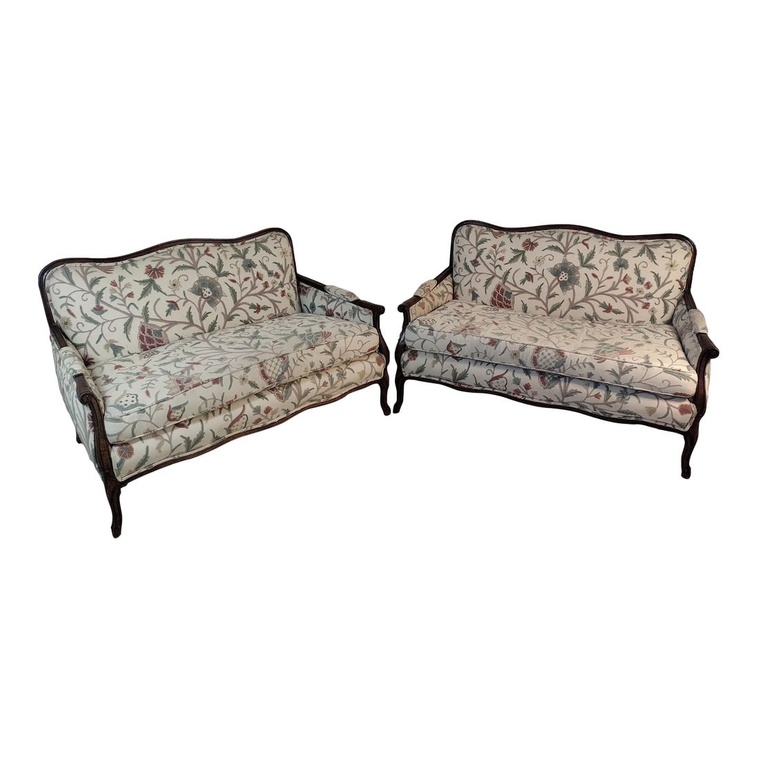 1960s French Style Settes - a Pair: Lovely pair of settes upholstered with embroidery fabric supposedly hand made ,I was told by the previous owner Frame is made out of distressed walnut All in good condition, fabric is been steamed cle