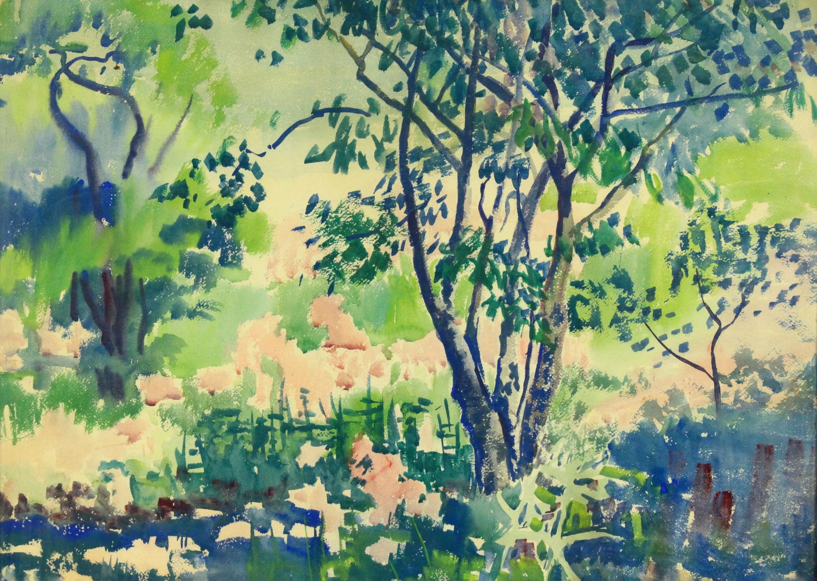 Vintage Marjorie Very American Watercolor Pointillist Painting of a Wooded New England Landscape - 2