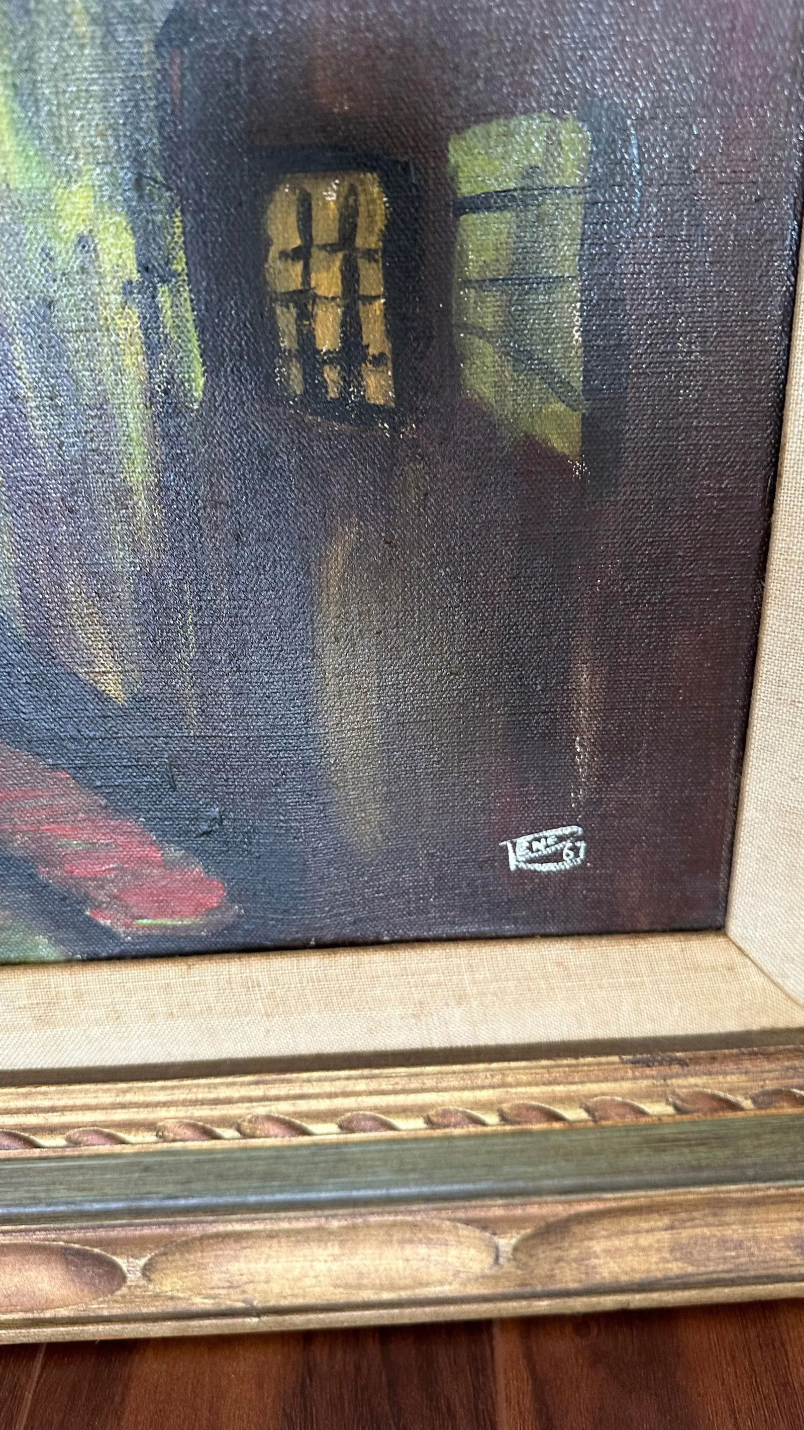 Vintage 1967 Modern Village Scene Original Acrylic Painting on Canvas Signed, Framed - 2