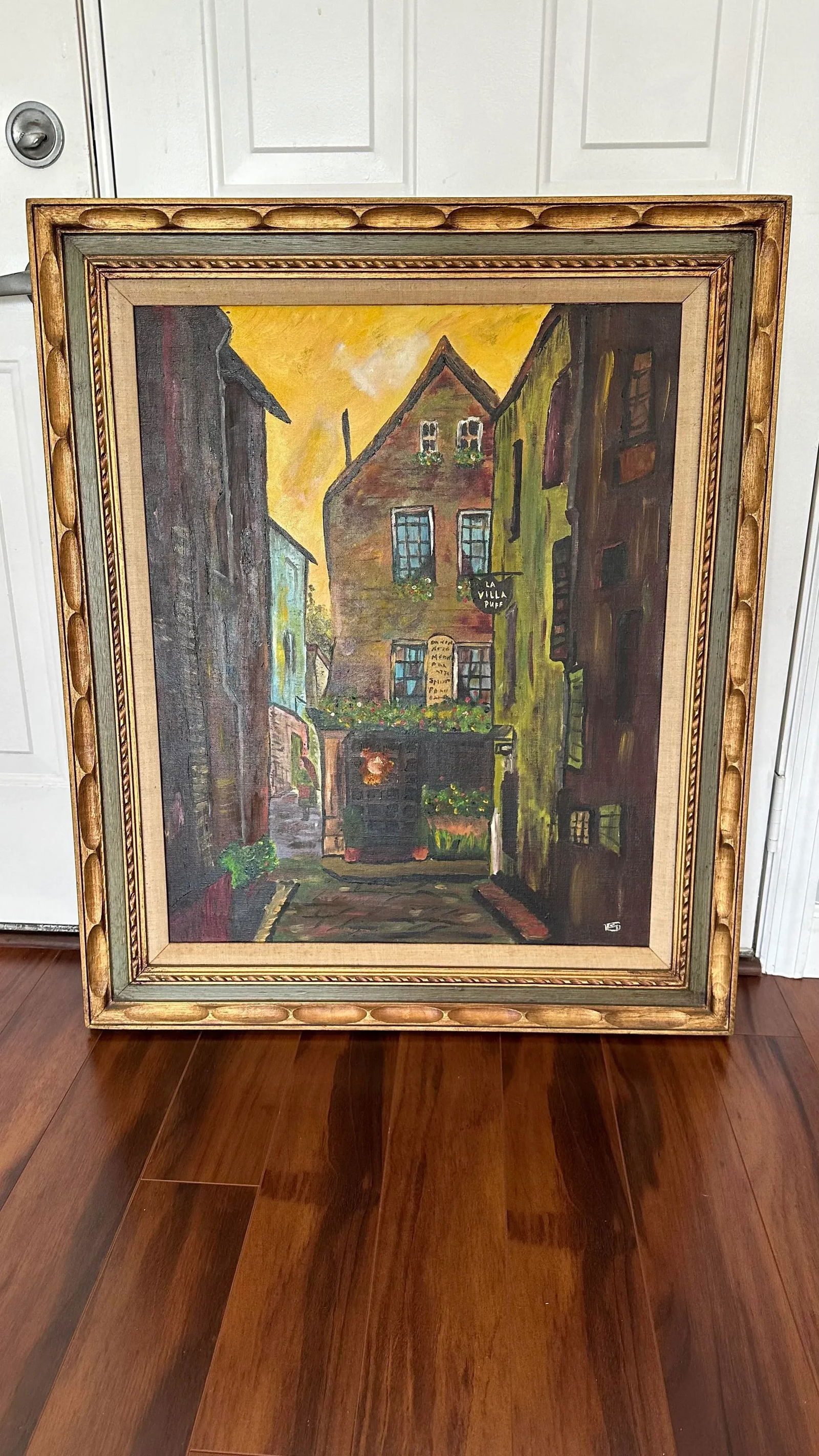 Vintage 1967 Modern Village Scene Original Acrylic Painting on Canvas Signed, Framed - 4