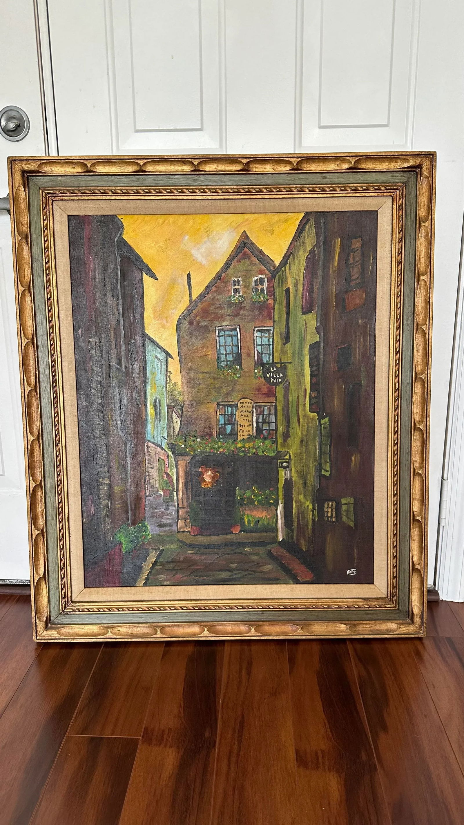 Vintage 1967 Modern Village Scene Original Acrylic Painting on Canvas Signed, Framed - 6