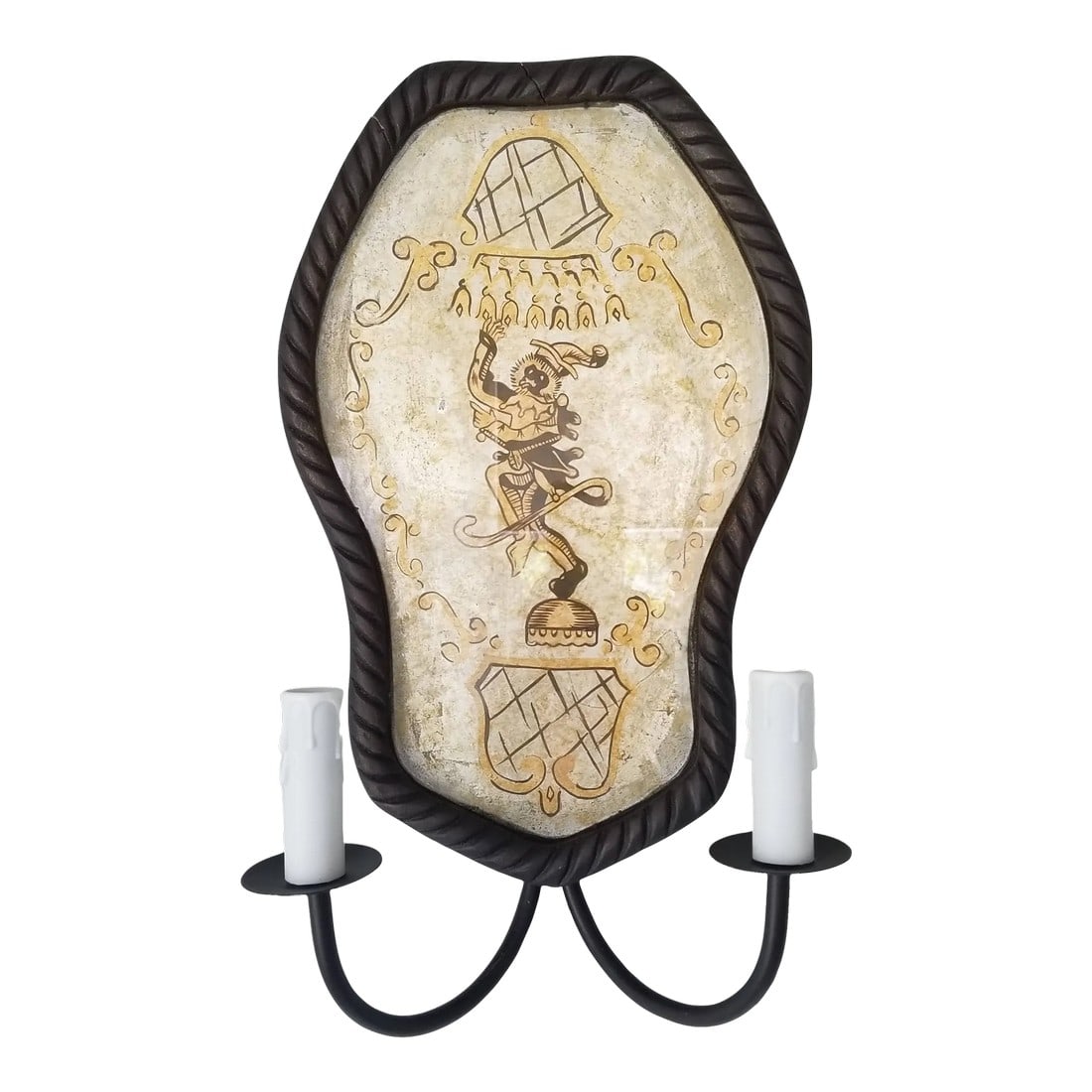 Whimsical Painted Wall Sconce: A whimsical monkey painted on a silver leaf background framed with glass and wood. Two swan arms hold candelabra light bulbs. The sconce is corded with an on/off switch. 2 available. Condition: Altera