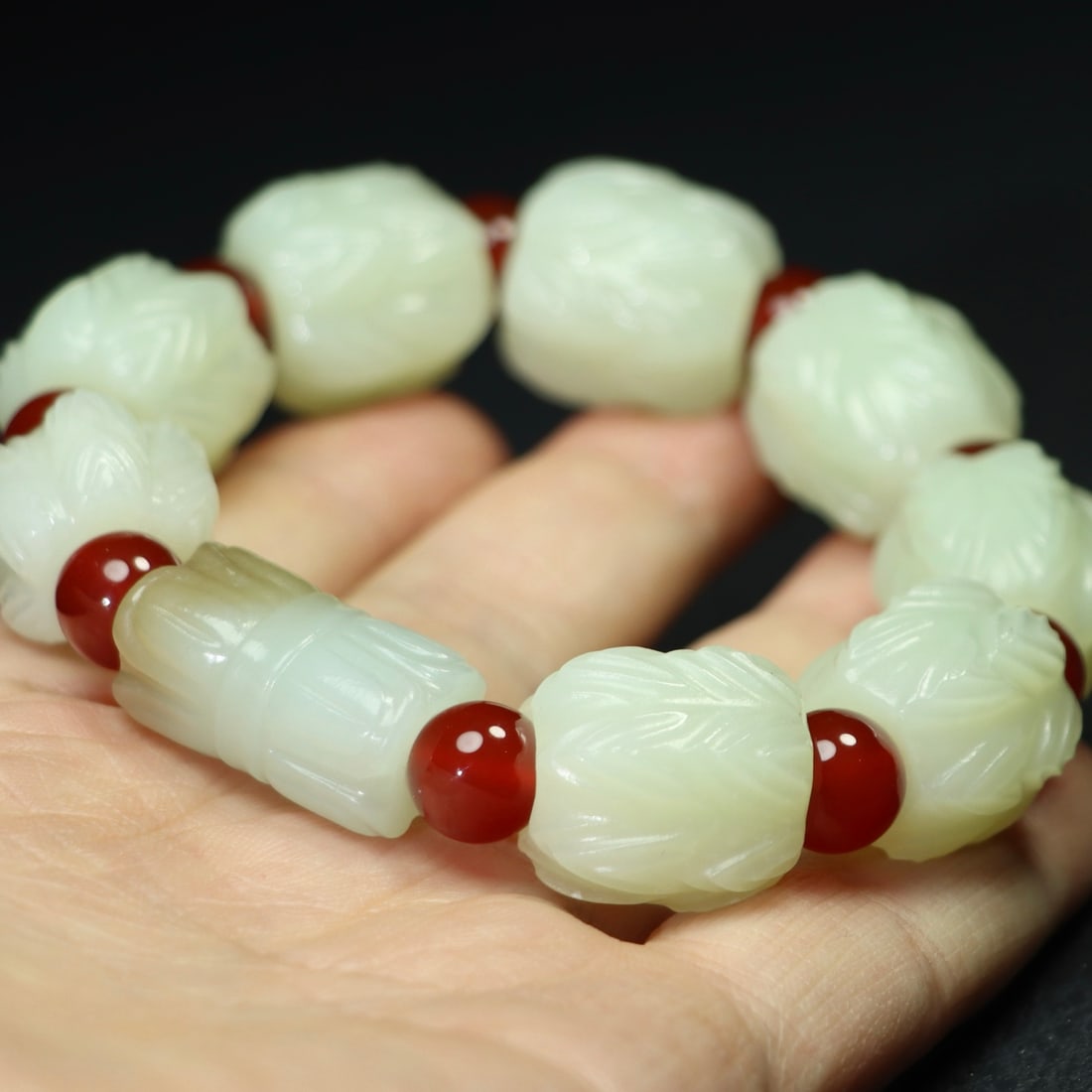 Chinese Hetian Jade Lotus Bracelet Hand Chain - 4