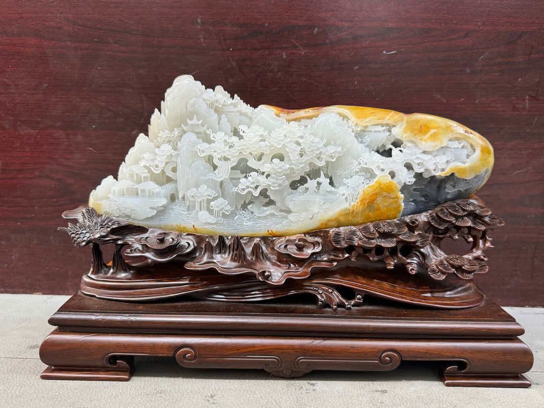 Chinese Hetian Jade Hand Carved Sages & Pine tree Statue: Title: Chinese Hetian Jade Hand Carved Sages & Pine tree Statue Origin: Chinese Date/Period: After2020 Materials: Hetian Jade Dimensions: 400x175x110(mm) 15.75x6.89x4.33(inches) Reserve: $3,999.00 Shi