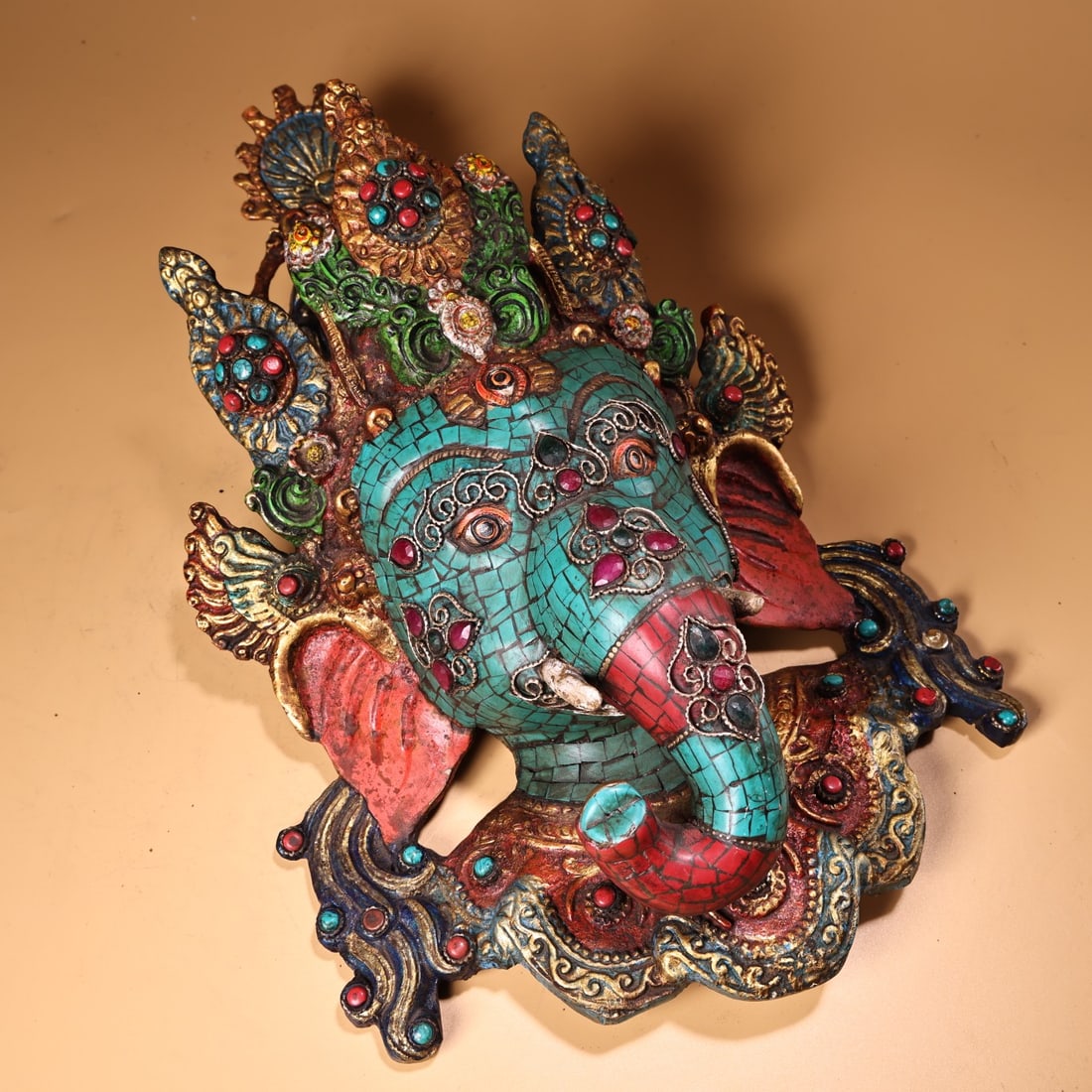 Old Tibetan Gilt Gold Bronze Inlay Turquoise & Gem Elephant Fortune DeityStatue - 2