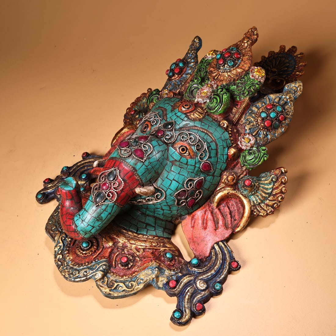 Old Tibetan Gilt Gold Bronze Inlay Turquoise & Gem Elephant Fortune DeityStatue - 3