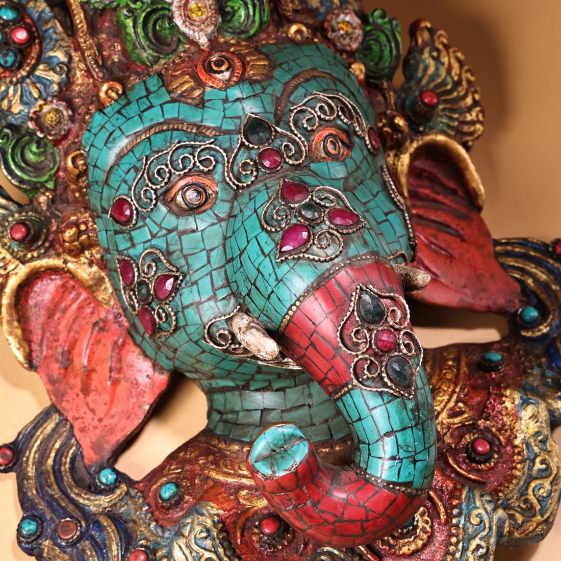 Old Tibetan Gilt Gold Bronze Inlay Turquoise & Gem Elephant Fortune DeityStatue - 4