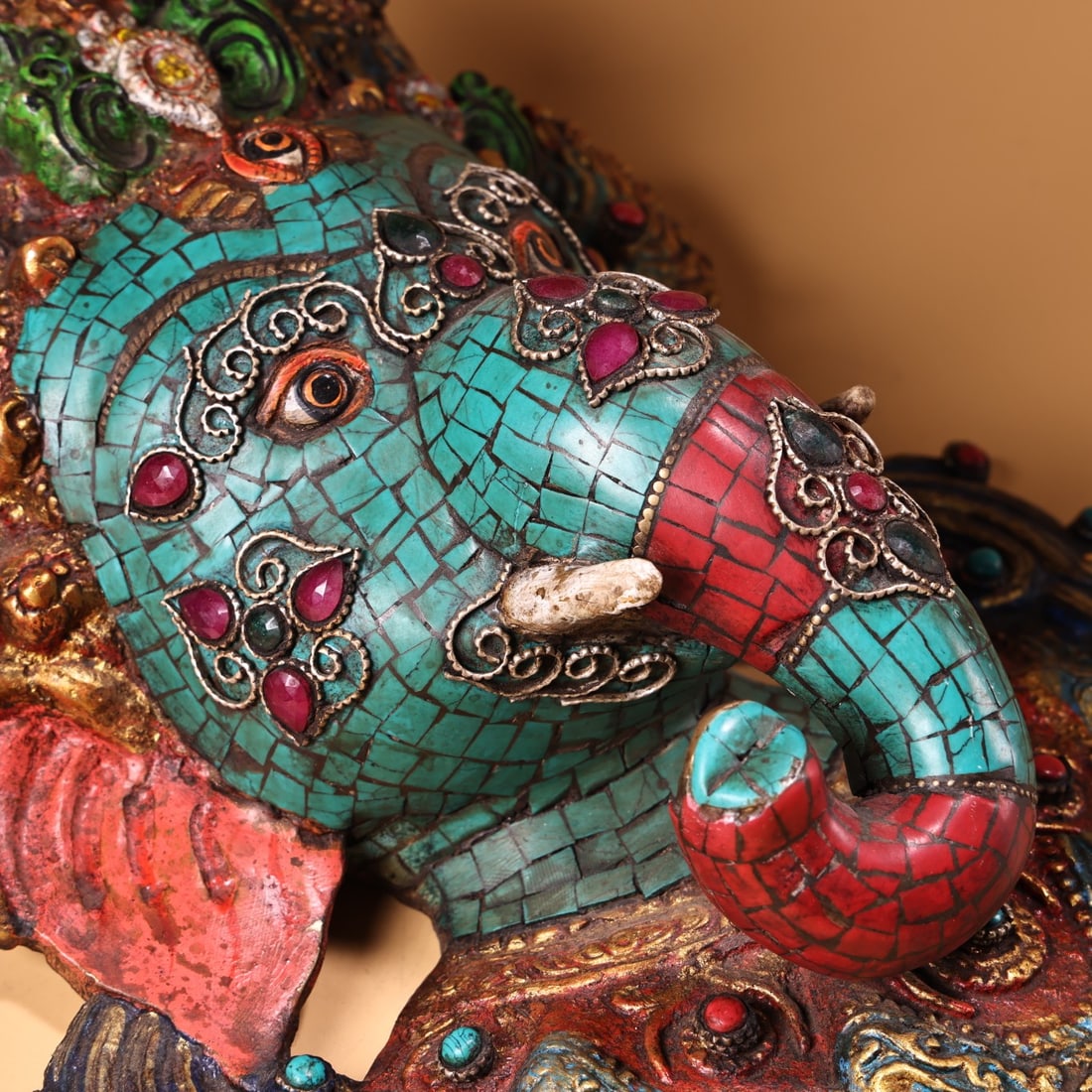 Old Tibetan Gilt Gold Bronze Inlay Turquoise & Gem Elephant Fortune DeityStatue - 5