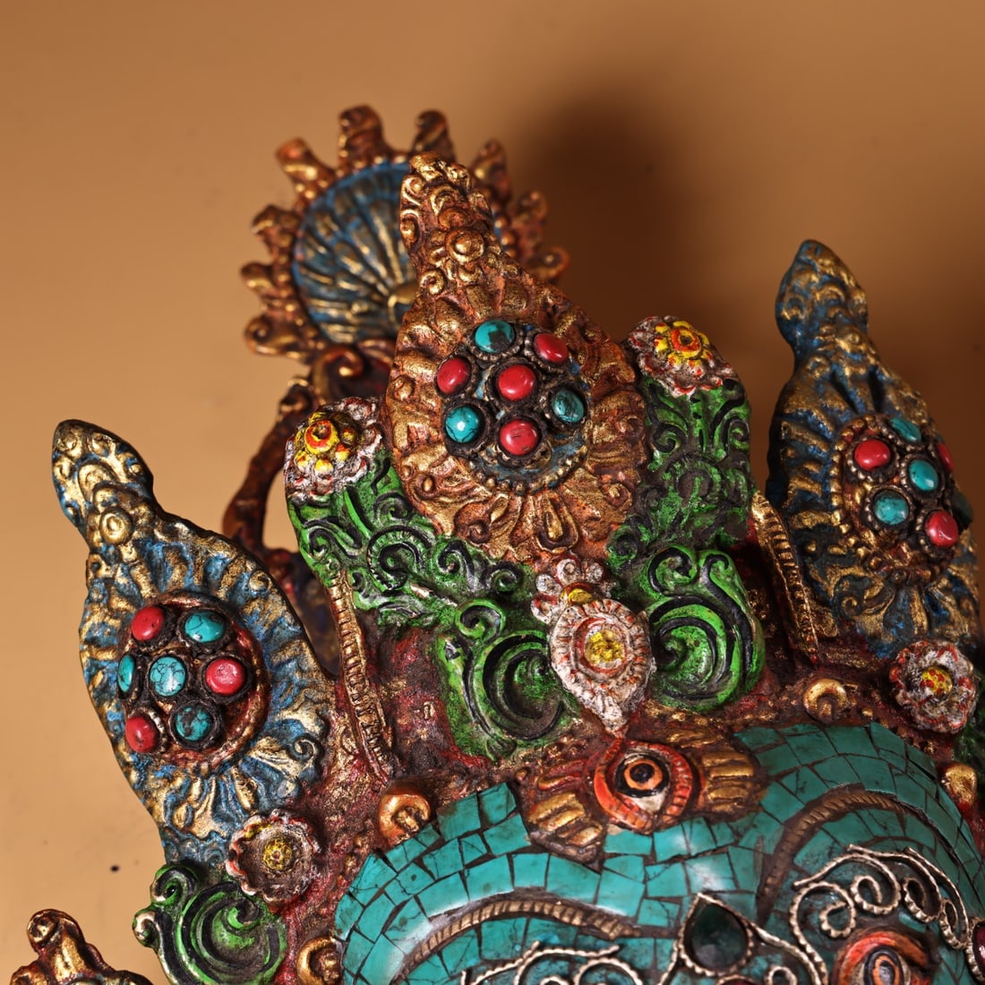 Old Tibetan Gilt Gold Bronze Inlay Turquoise & Gem Elephant Fortune DeityStatue - 6