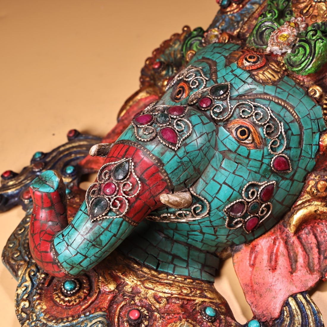 Old Tibetan Gilt Gold Bronze Inlay Turquoise & Gem Elephant Fortune DeityStatue - 7