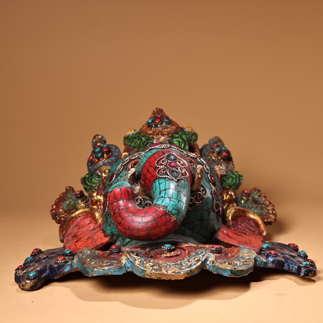 Old Tibetan Gilt Gold Bronze Inlay Turquoise & Gem Elephant Fortune DeityStatue - 8