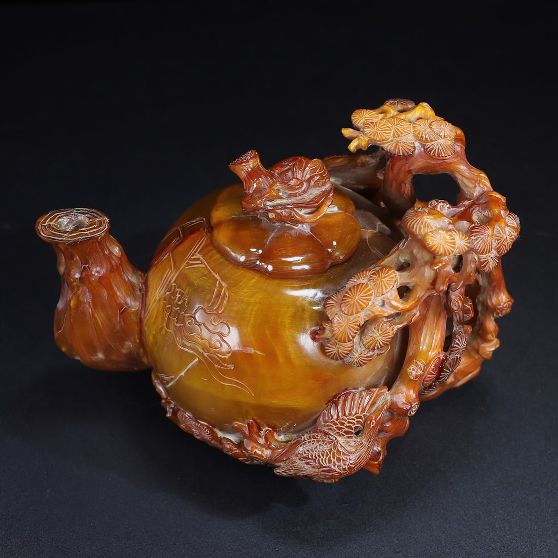 Old Ox Horn Hand Carved Crane & Pine tree Teapot - 3