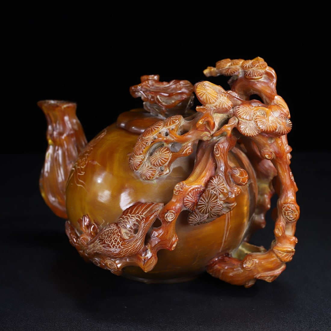 Old Ox Horn Hand Carved Crane & Pine tree Teapot - 4