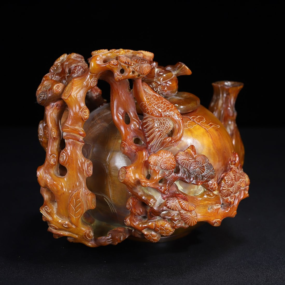 Old Ox Horn Hand Carved Crane & Pine tree Teapot - 5