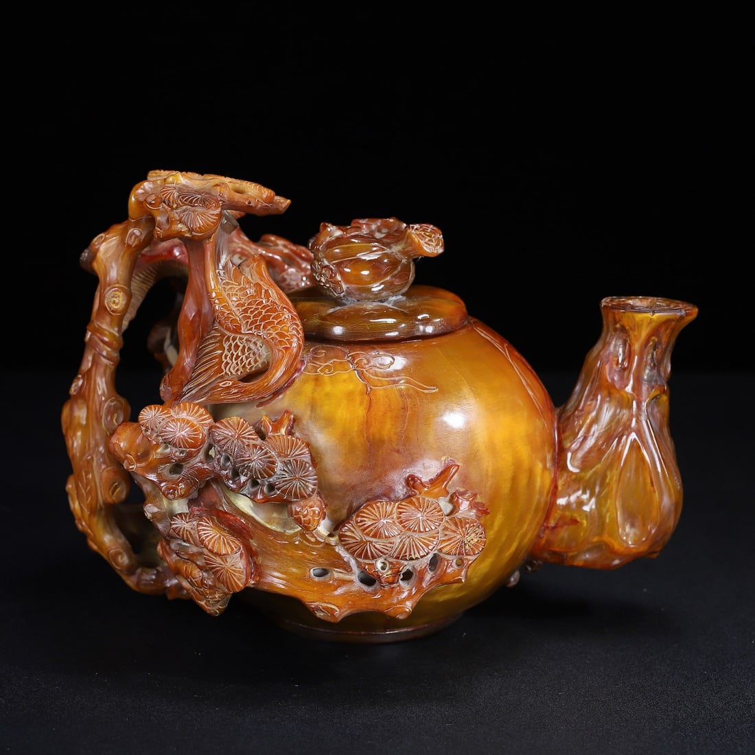 Old Ox Horn Hand Carved Crane & Pine tree Teapot - 6