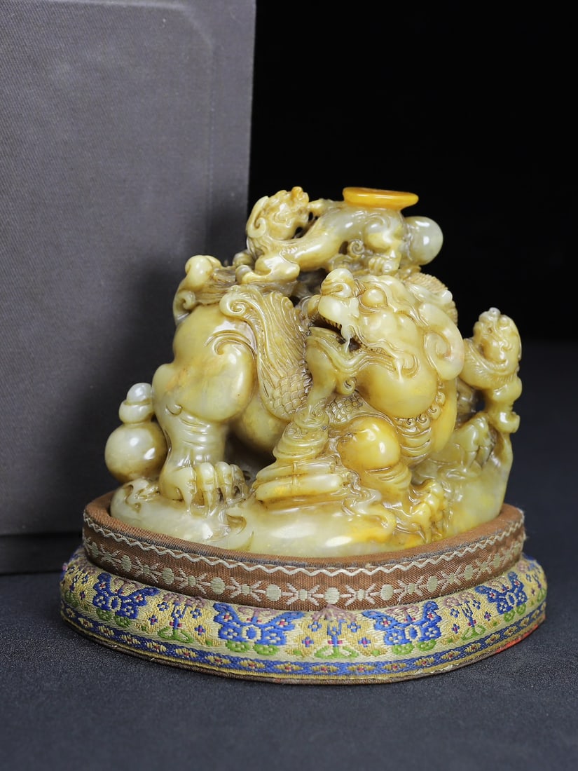 Old Chinese Shoushan Stone Beast & Chi Dragon Seal Statue - 9