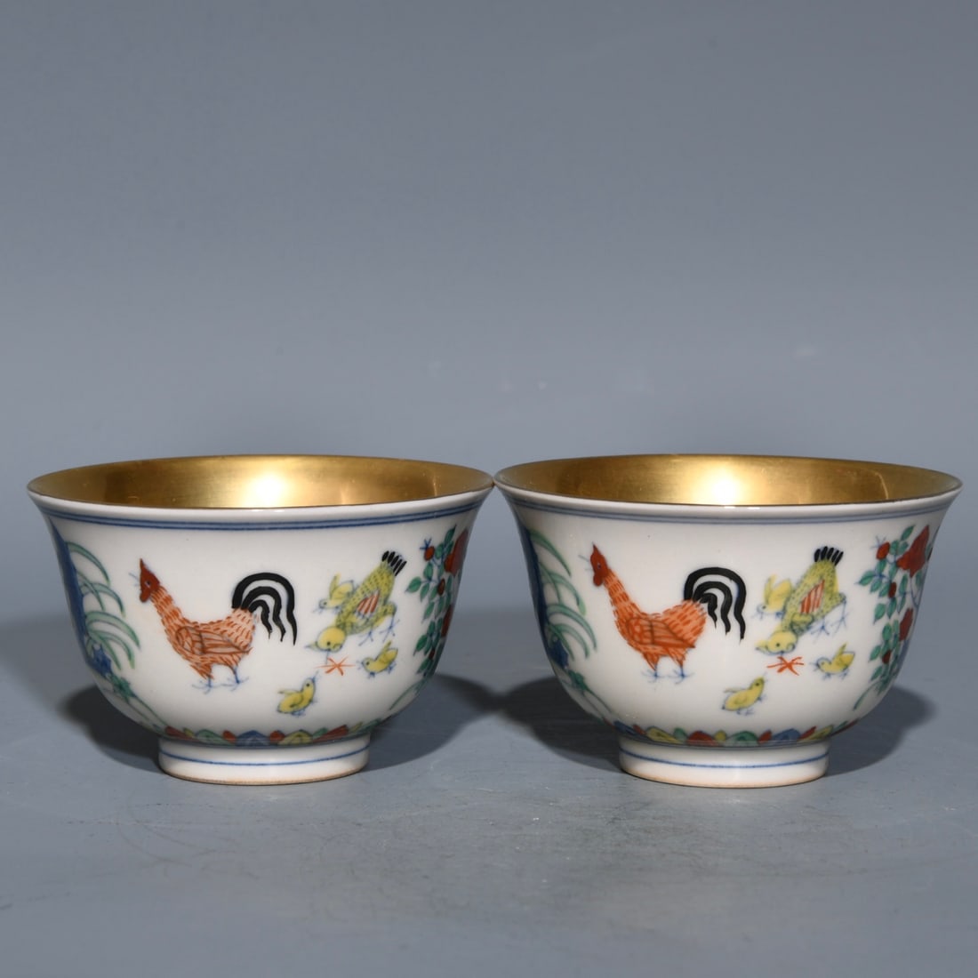 A Pair Chinese Gilt Gold Doucai Rooster Porcelain Cup (1 of 9)