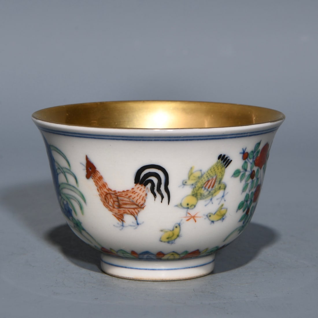 A Pair Chinese Gilt Gold Doucai Rooster Porcelain Cup - 2