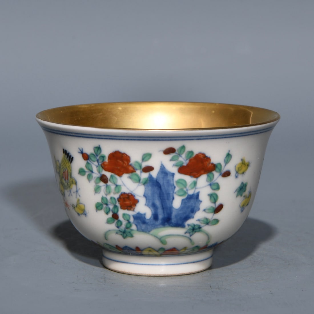 A Pair Chinese Gilt Gold Doucai Rooster Porcelain Cup - 3